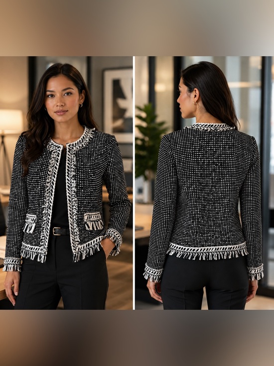 St. John Jackets & Blazers - ST. JOHN Black White Fringe Trim Knit Jacket Wool Blend Open Front Career M